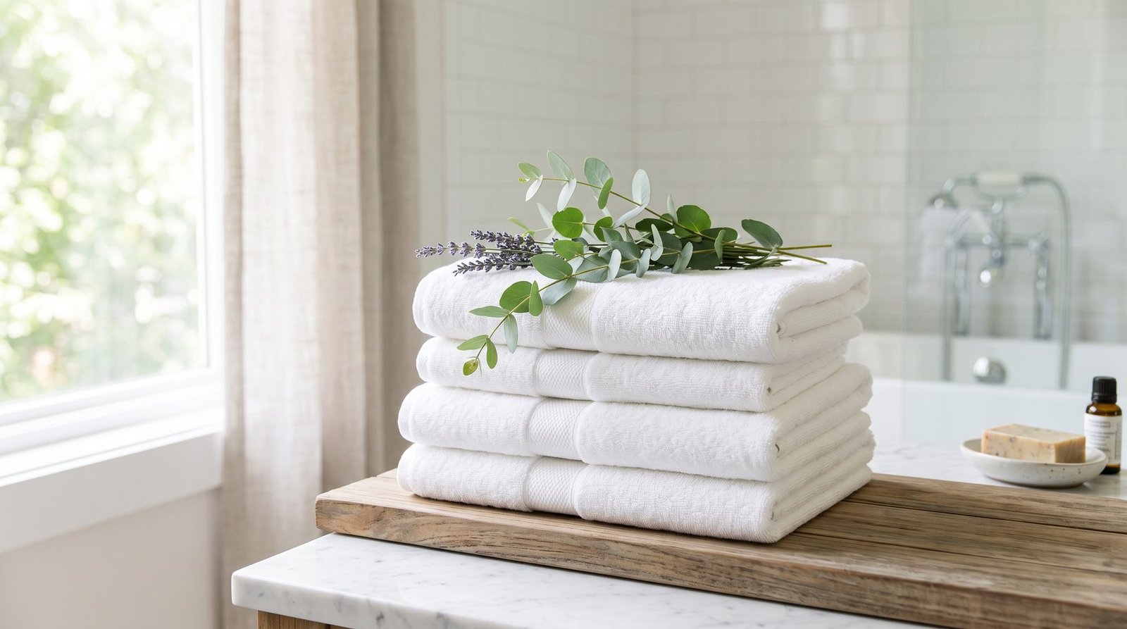 Folded white towels topped with a fresh eucalyptus sprig on a wooden bench in a sunlit bathroom