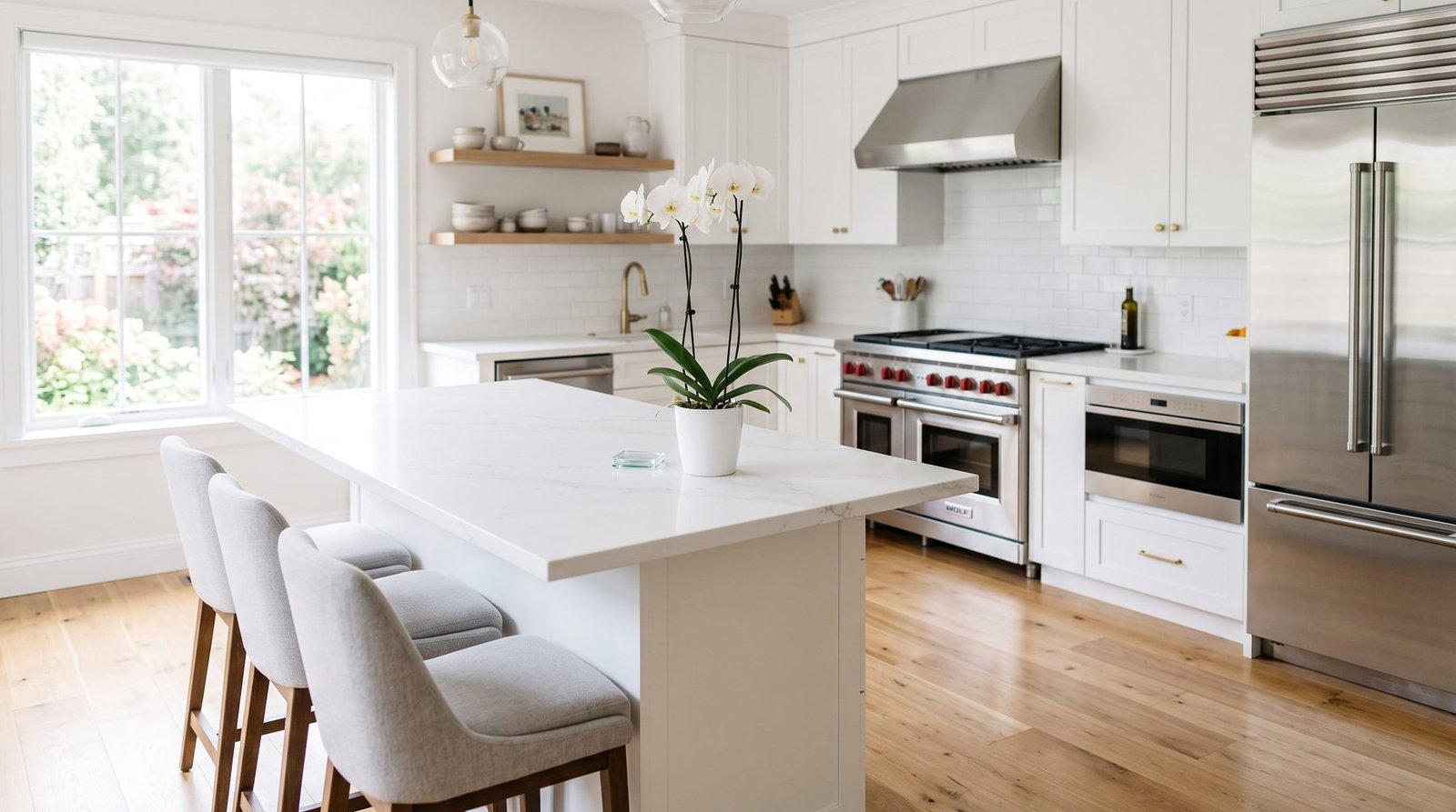 A bright, freshly cleaned kitchen with a marble island, brass fixtures, and warm morning light