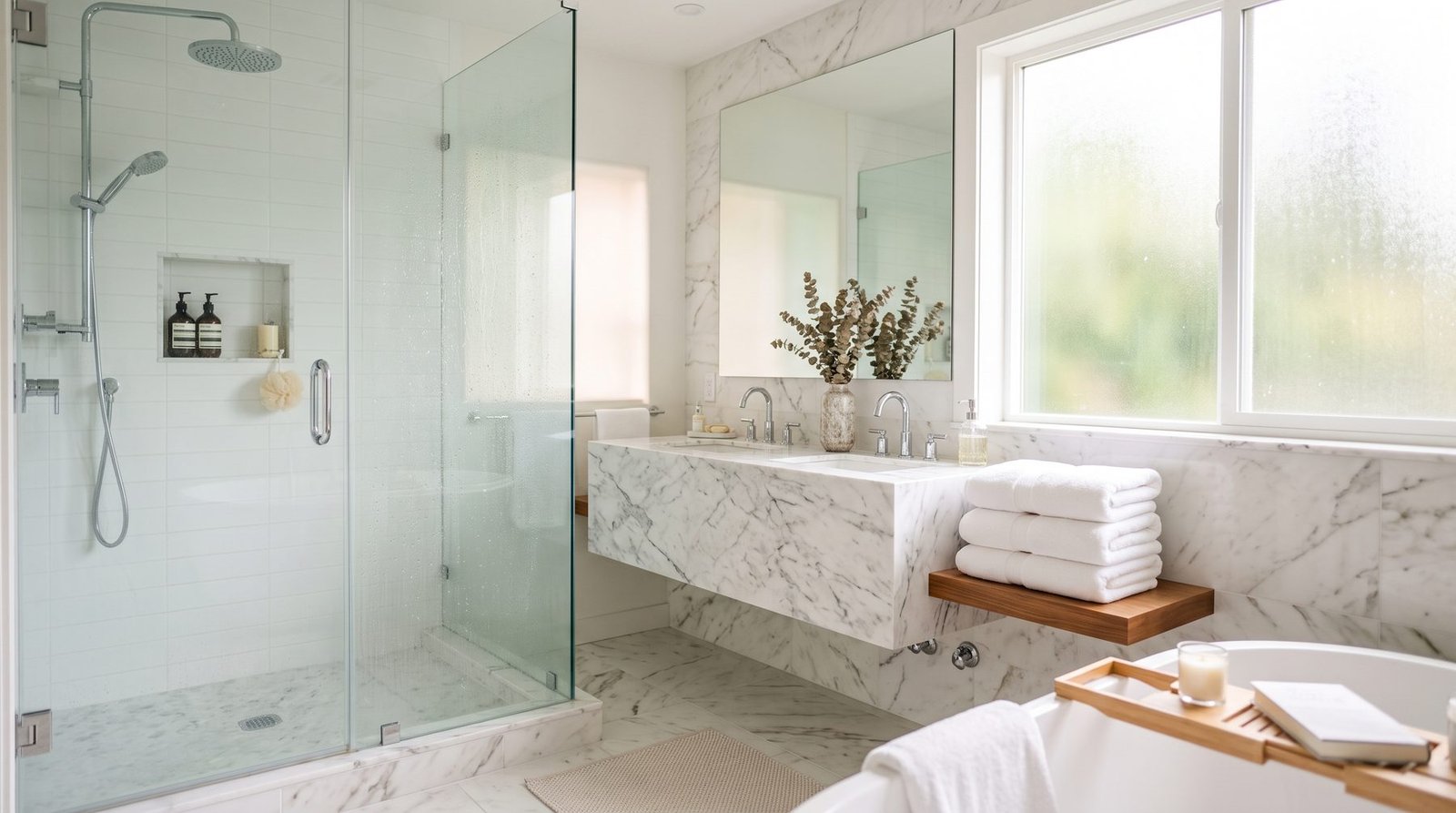 A spotless marble bathroom with a glass shower and folded white towels
