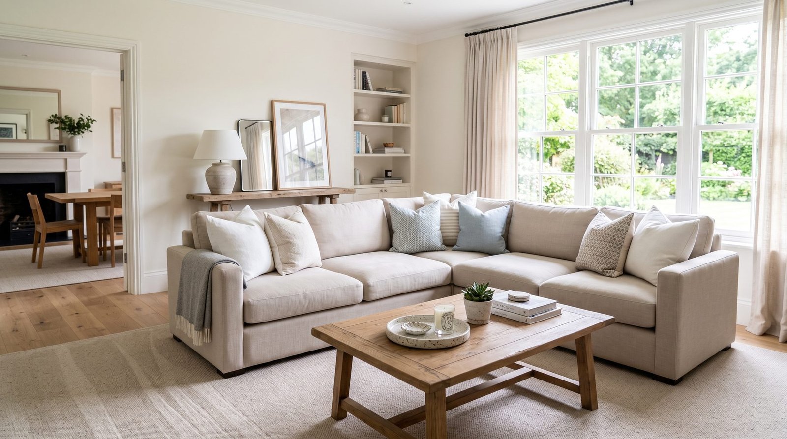 A warm, tidy living room with a plush neutral sofa and soft daylight
